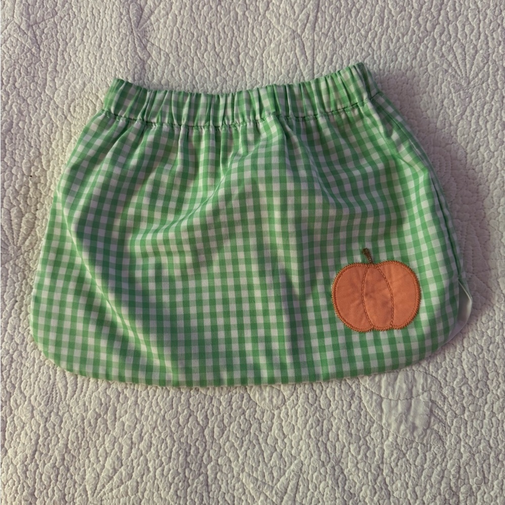 EUC TBBC Green Gingham with Fall Pumpkin Elastic Waist Skirt Size 2T